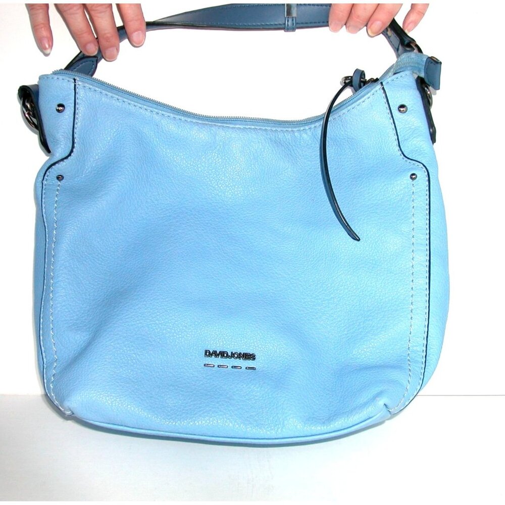 DAVID JONES Light Blue Faux Leather Hobo Shoulder Bag With Exterior Zip Pocket